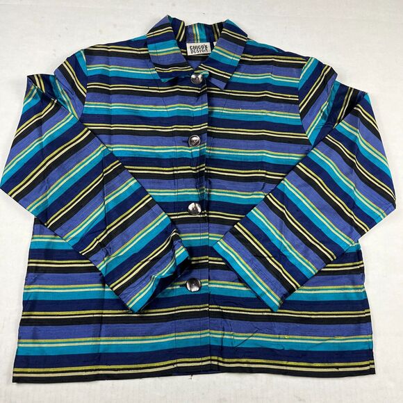 Chicos Design Silk Striped Jacket 1 Medium Artsy Boho Statement Modern Retro - Picture 1 of 9